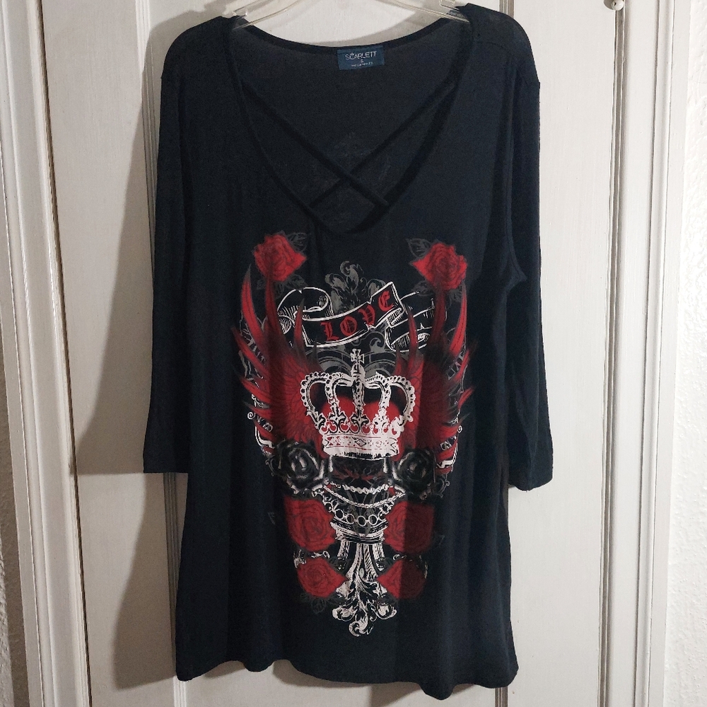 Y2K Motorcycle Style Tattoo Graphic T Shirt Size S Crown Roses Biker Rock Roll